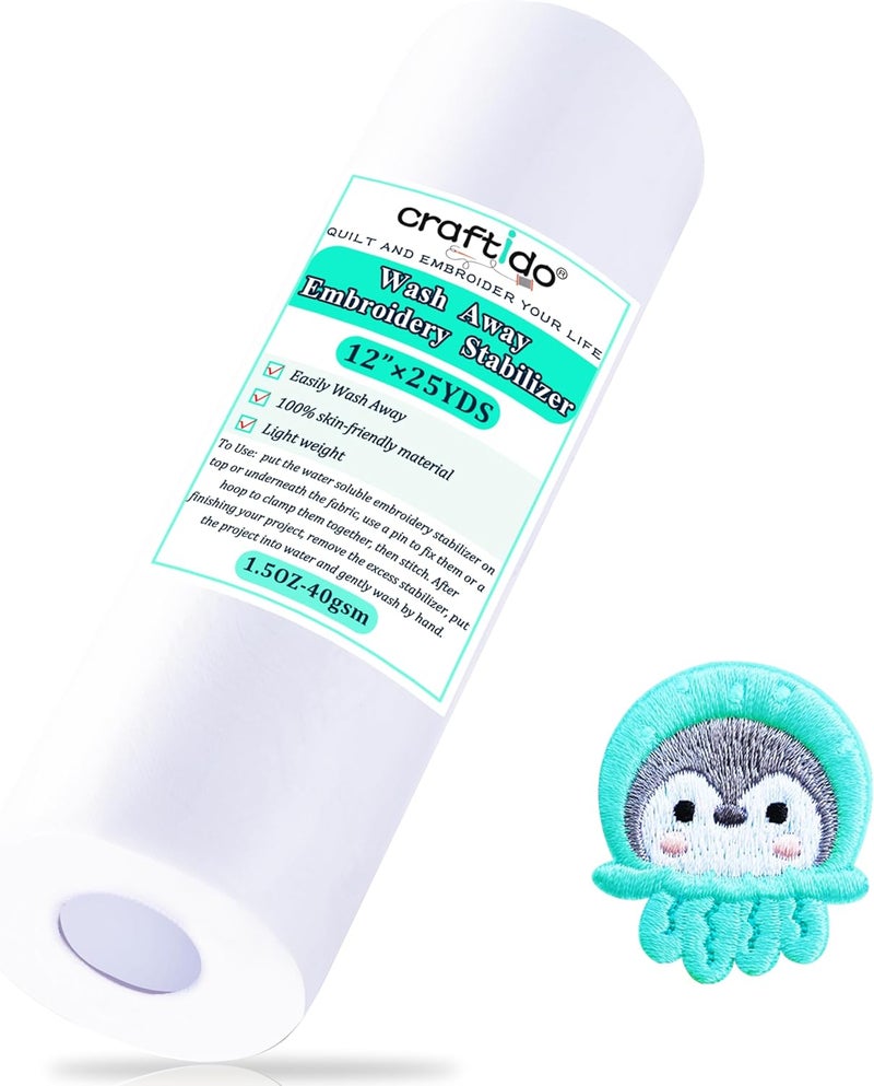 craftido م stabilizer تطريز قابل للغسل/قابل للذوبان في الماء 12" × 25 ياردة/لفة لمعظم الأطواق 1.5 أونصة خفيفة الوزن للتطريز الآلي والخياطة اليدوية - Image 1